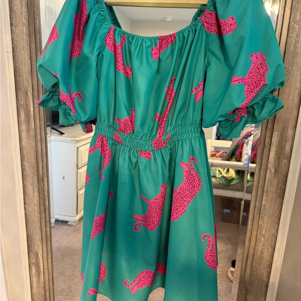 Green and Pink Ruffled Tiered Off-the-Shoulder Midi Sundress
